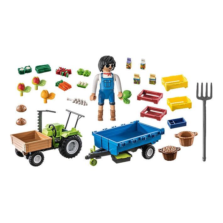 this picture shows everything there is in the set. plenty of boxes and crates for fruits and veggies, a trailer, tractor and tiller, pitchfork, baskets, and fruits and veggies galore. there are even seeds for planting more. 