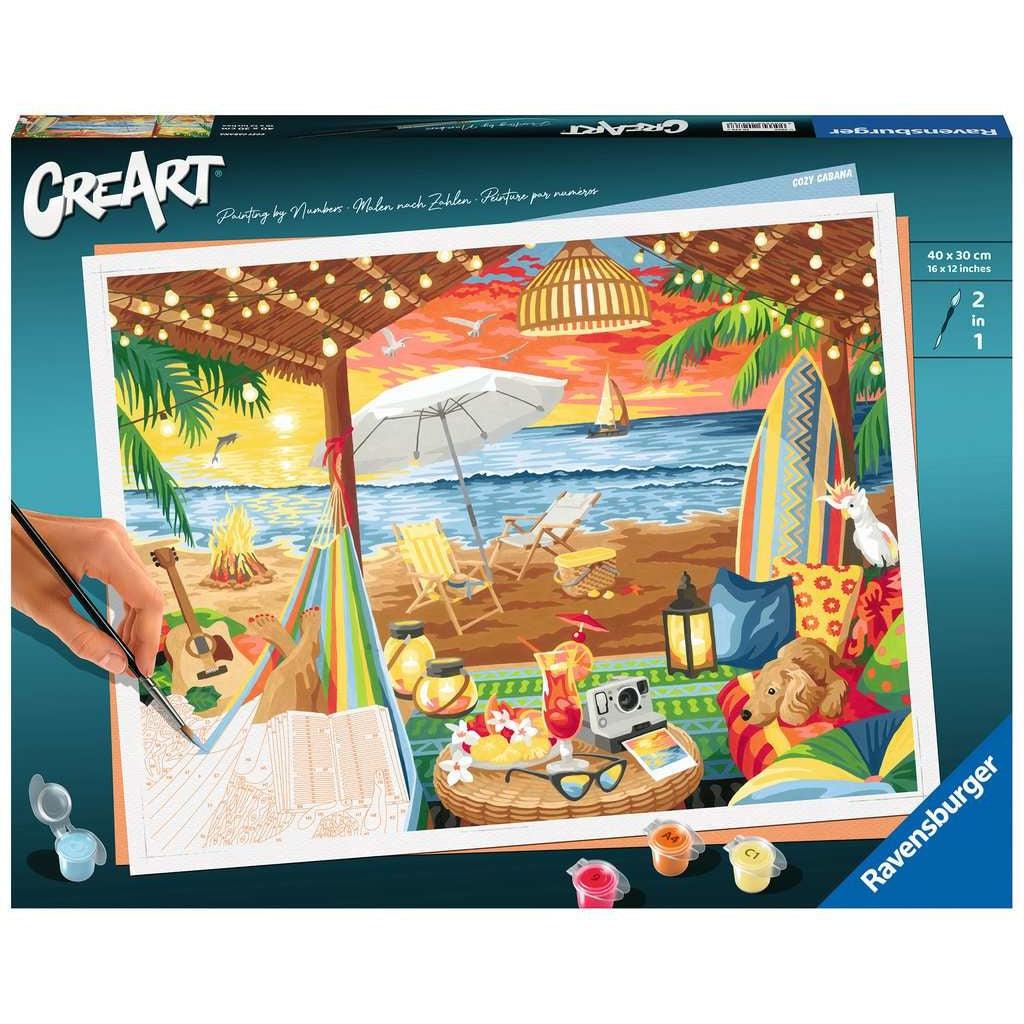 this paint by numbers kit features a cozy cabana with warm lorors of red yellow and orange. a sunset shades the sky while the oceas laps gently against a beach. the cabana is cluttered with a drink, glasses, cameera, a dog and parakeet. 
