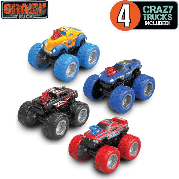 this image shows the 4 mini monster trucks called crazy trucks inside. there is a yellow, blue, black and red one