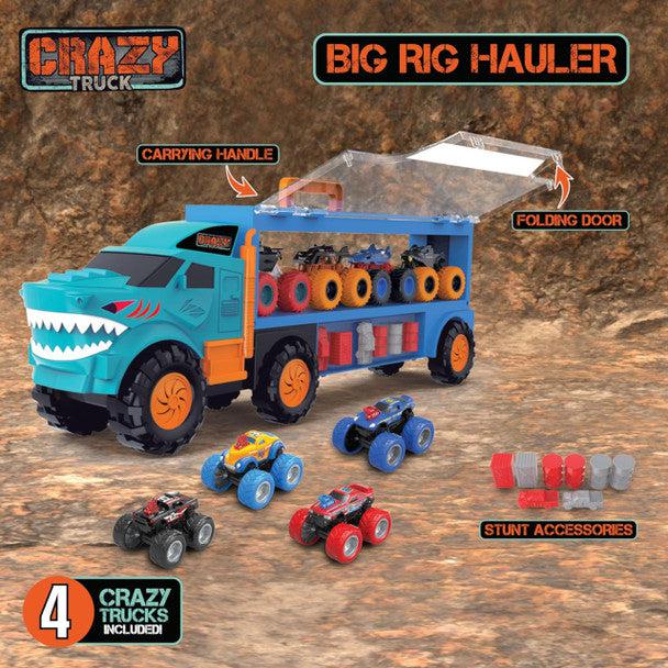 the big rig hauler, 4 trucks, accessories and a carrying handle on the hauler is included in this set!
