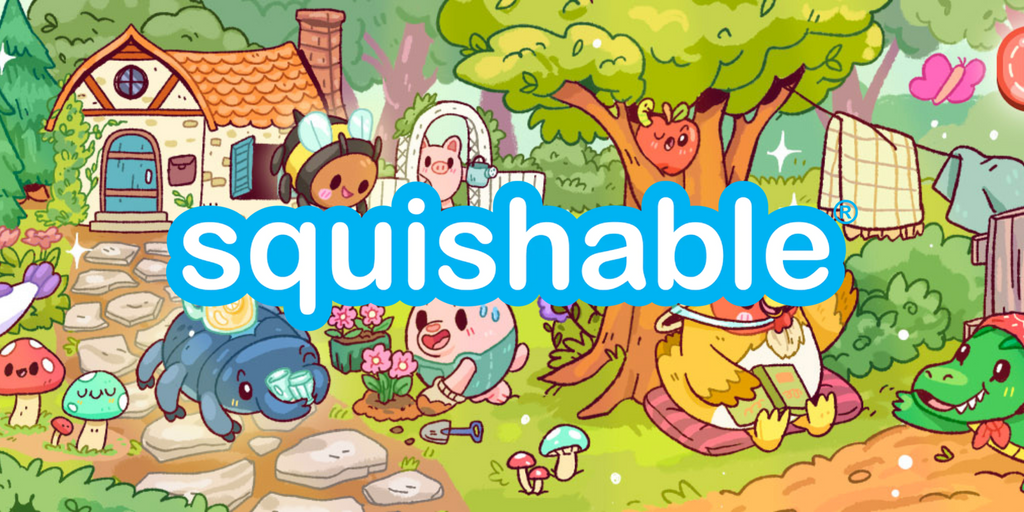 Squishable logo drawn over an image of various cartoon creatures outside a forest cottage.