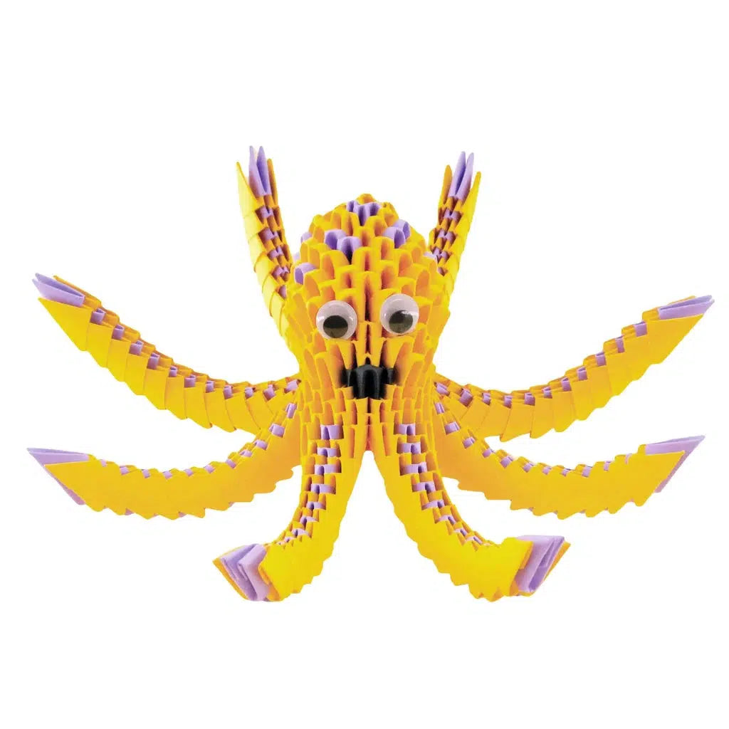 This image shows the octopus oragami. he has 8 legs and is tellow with blue spots. 