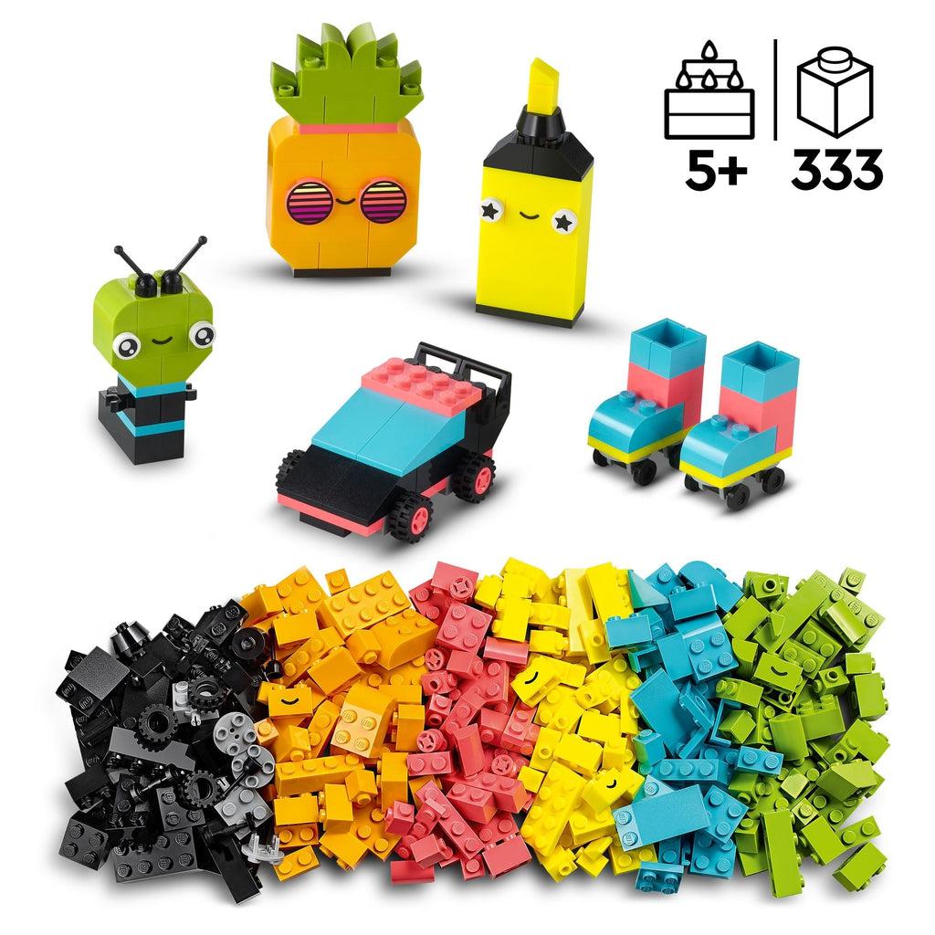 Image of some examples of possible neon LEGO creations that can be made from the bricks found in this kit. Recommended Age: 5+ Number of Pieces: 333