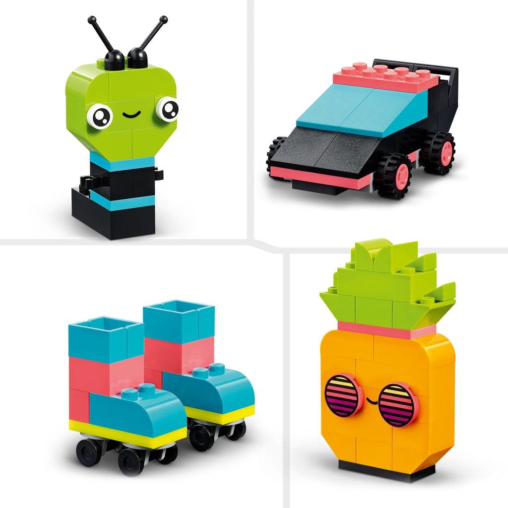 Examples of some neon LEGO creations you could make. Some examples include a race car, a pineapple, a caterpillar, and roller skates.