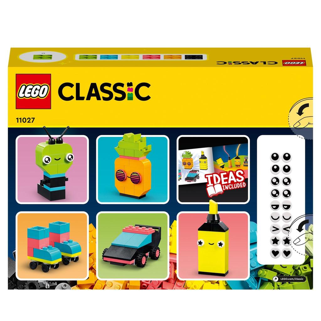 Image of the back of the box. It shows pictures of some ideas for neon builds that can be made with the included bricks in the kit.