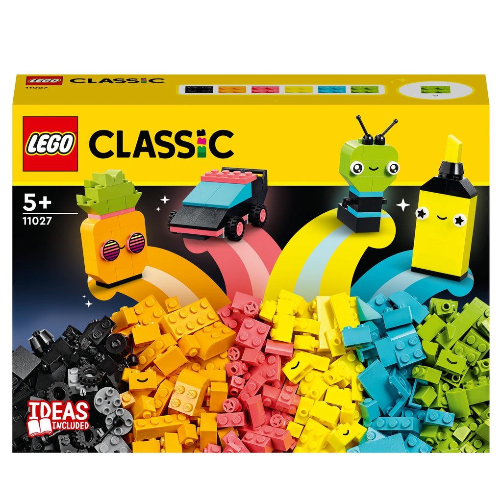 Image of the front of the box.  It shows a pile of sorted neon bricks in many colors with creations coming out of each color.
