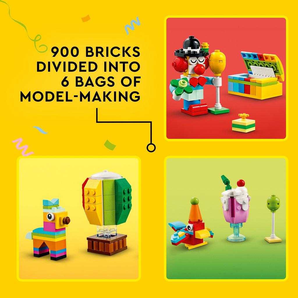 Pictures of possible LEGO builds. Some include a clown, a pinata, a hot air balloon, and a milkshake. Caption: 900 bricks divided into 6 bags of model-making 