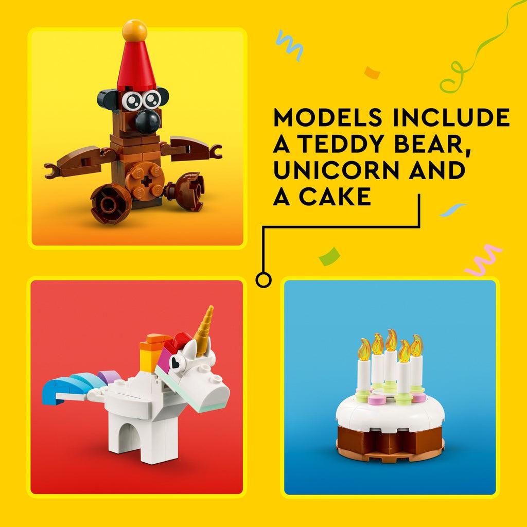 More pictures of possible LEGO ideas that are possible with the kit. Caption: Models include a teddy bear, unicorn, and a cake