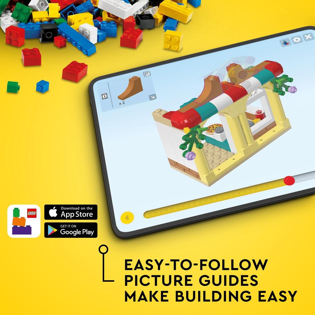 Shows that you can download an Interactive Digital Building app with easy-to-follow picture guides to make building easy. Available for Apple and Android.