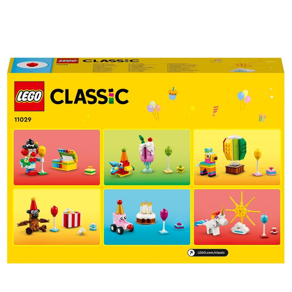 Image of the back of the box. It has pictures of possible party-themed LEGO builds you could make.