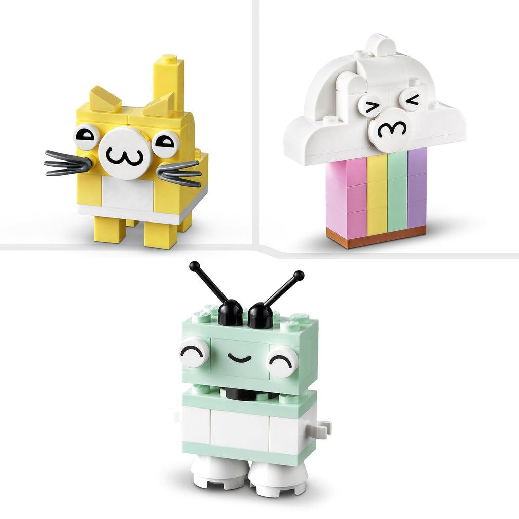 Images of three different possible creations that you could make with the included bricks. The examples include a cat, a rainbow, and a robot.