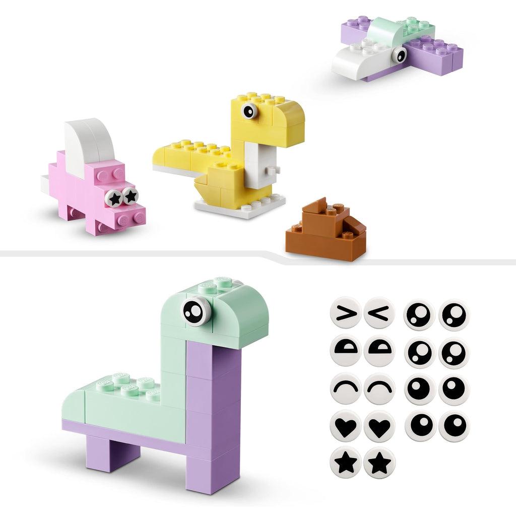 More examples of possible pastel LEGO builds. Shows that the kit comes with many different eye bricks.