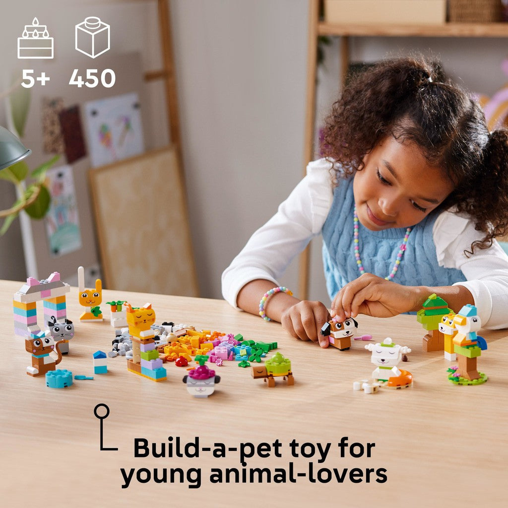 for ages 5+ with 450 LEGO pieces. Build a pet toy for young animal lovers