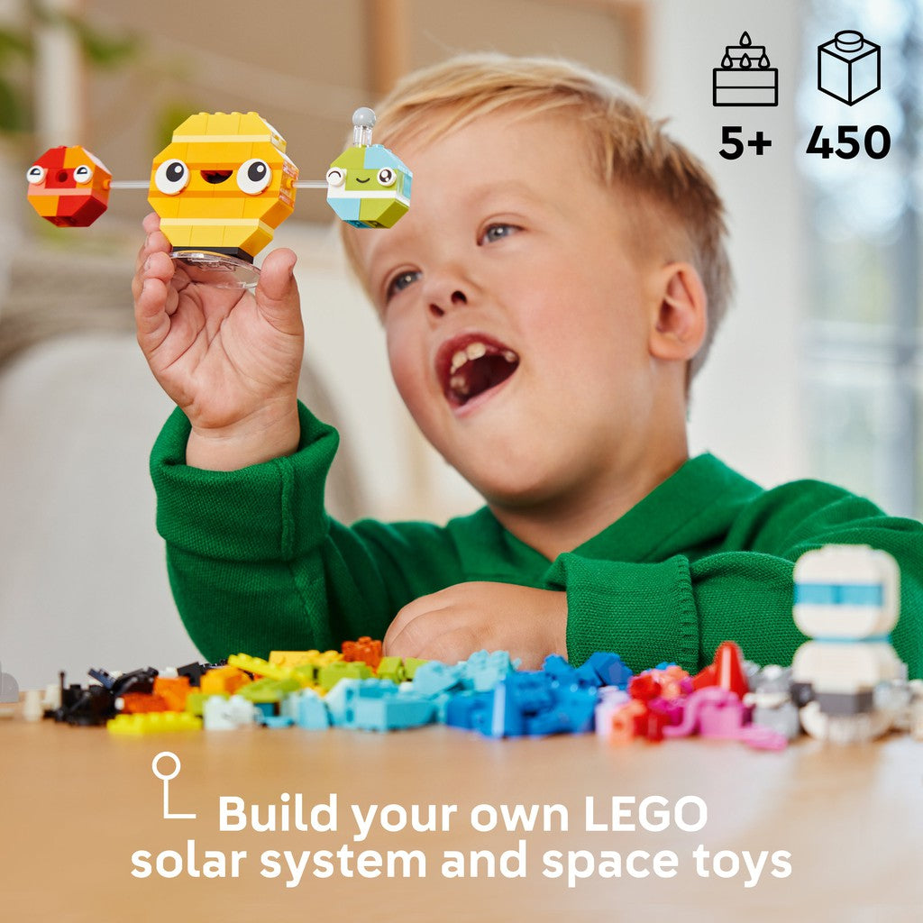 for ages 5+ with 450 LEGO pieces. build your own LEGO solar syatem and space toys