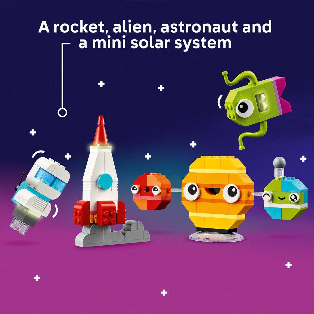 a rocket, alien, astronaut and a mini solar system