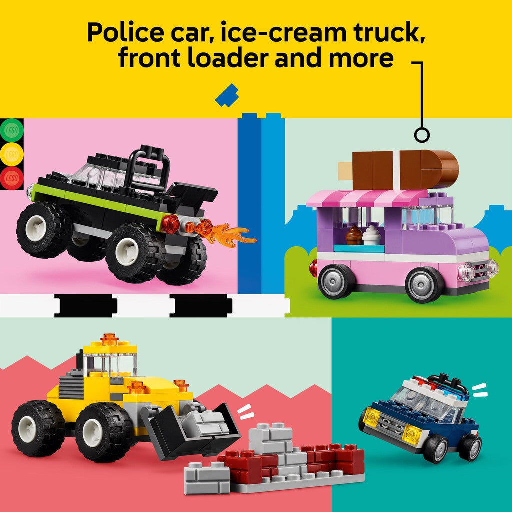 police car, ice cream truck, front loader and more