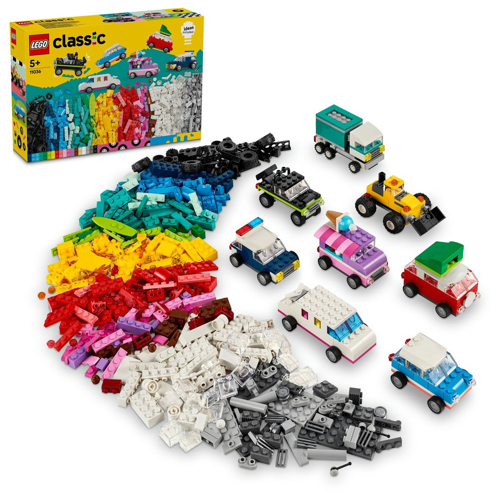 LEGO Classic creative vehicles shows a wide array of LEGO cars and colorful LEGO blocks for play.