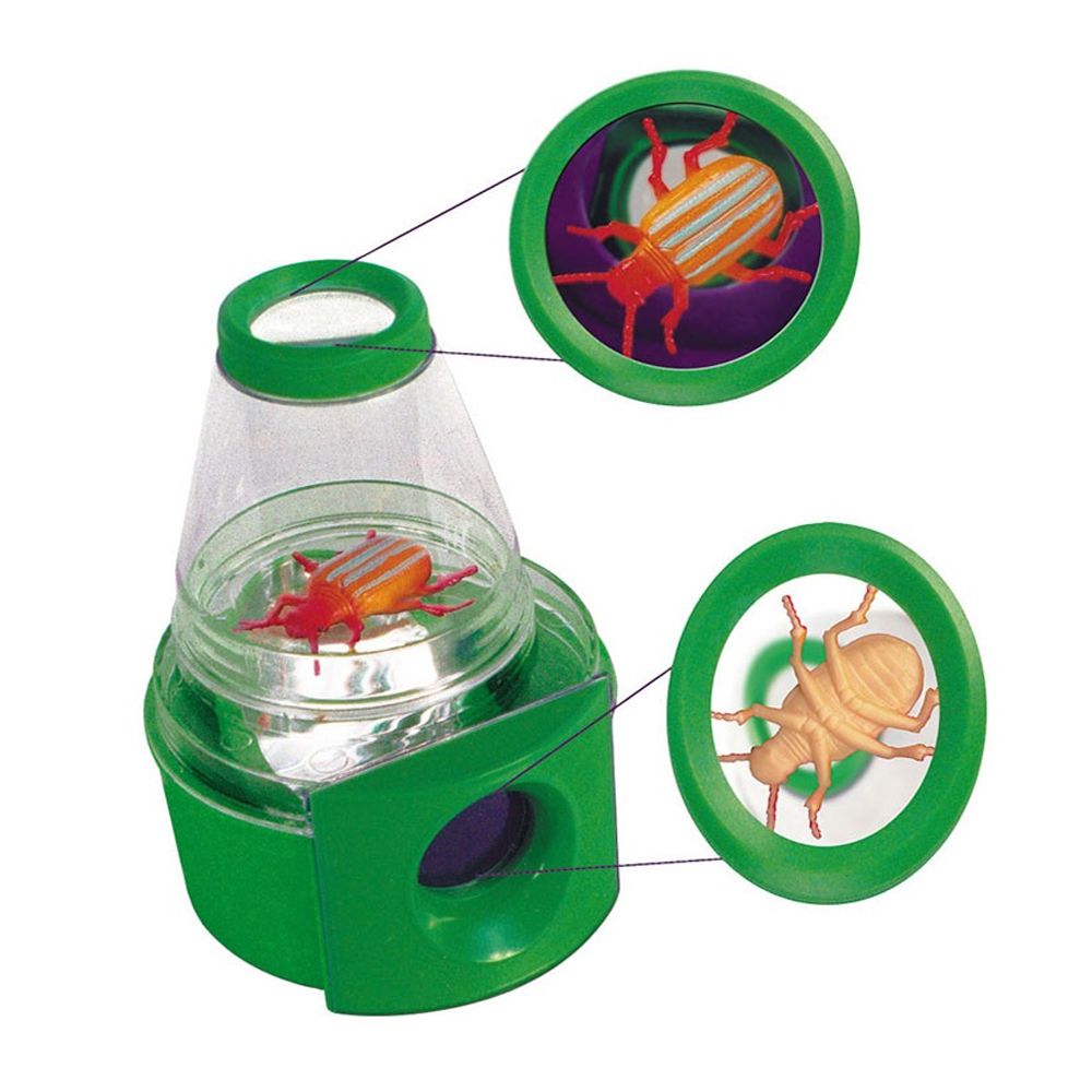 Image of the toy outside of the packaging. It is mainly green with a clear bug chamber. It has magnifiers on the top of the chamber and on the side so that you can easily see both the top and the bottom of the bug.