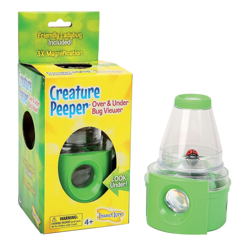 Image of the packaging for the Creature Peeper. It is in a small box that has a couple cut outs on various sides that allows you to see and touch the toy inside.