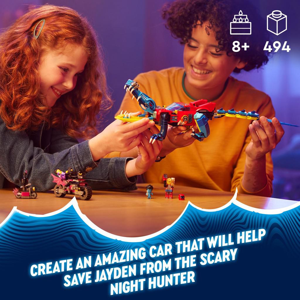 for ages 8+ with 494 LEGO pieces. Create an amazing car that will halp save Jayden from the scary night hunter
