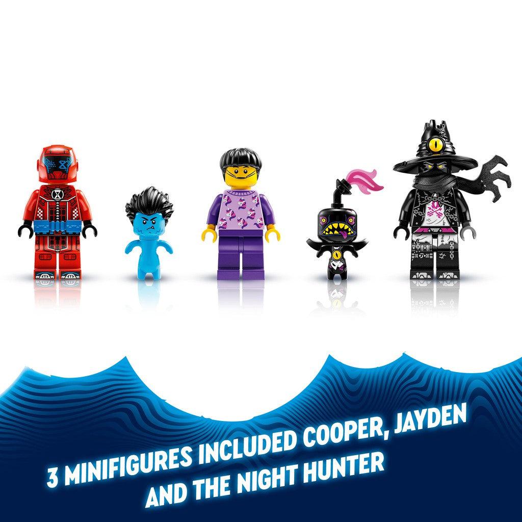 3 minifigures included, cooper, jayden, and the night hunter