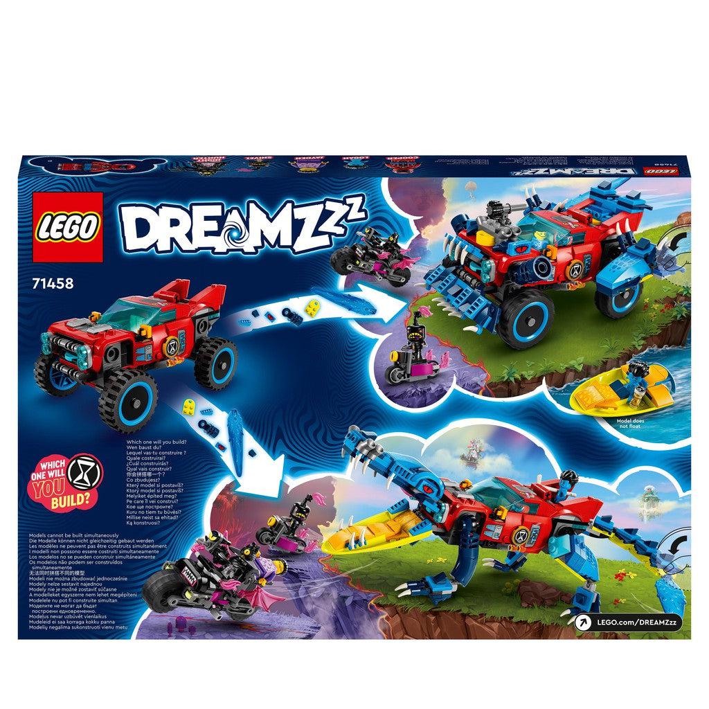 image shows teh back of the box for LEGO dreamzzz with the off-roader and crocodile car