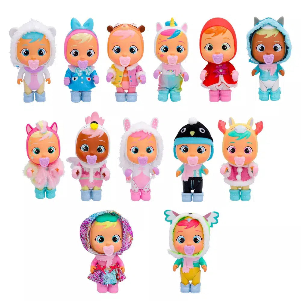 Image of all 13 different possible cry babies. Each one has a uniquely themed hair style and outfit.