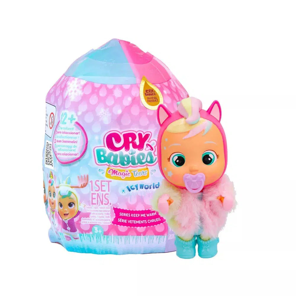 Image of the packaging for the Cry Babies Magic Tears Icy World blind box. The packaging shows multiple different cry babies that could be in the package.