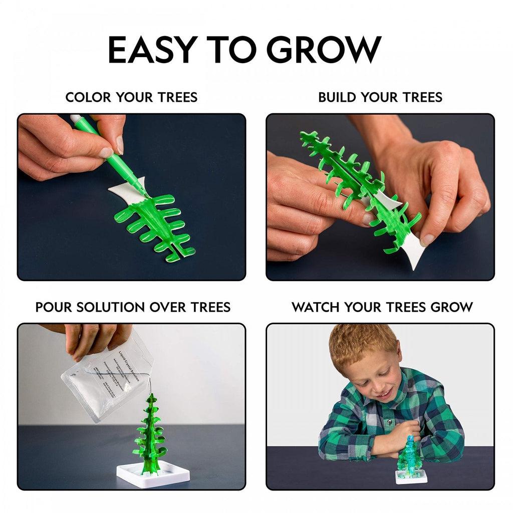 image shows the steps to make a crystal tree, color the tree, build the tree, pour solution over tree then watch them grow!
