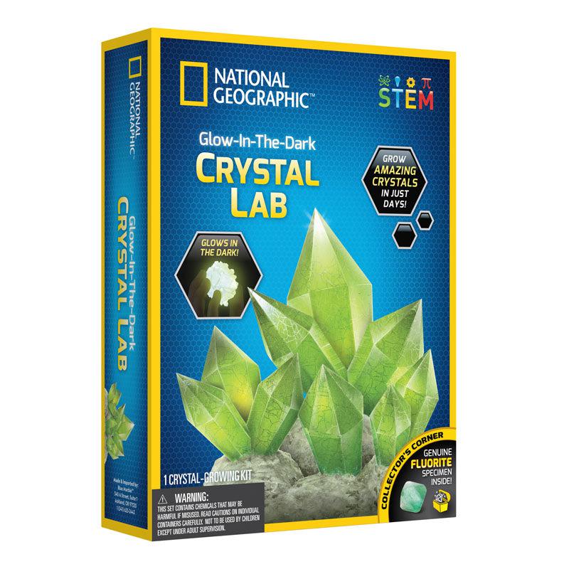 the national geographic crystal lap box. you can grow amazing crystals in just days. the crystals are glow in th edark, and an image shows them glowing. a label says genuine flourite specimen inside. 
