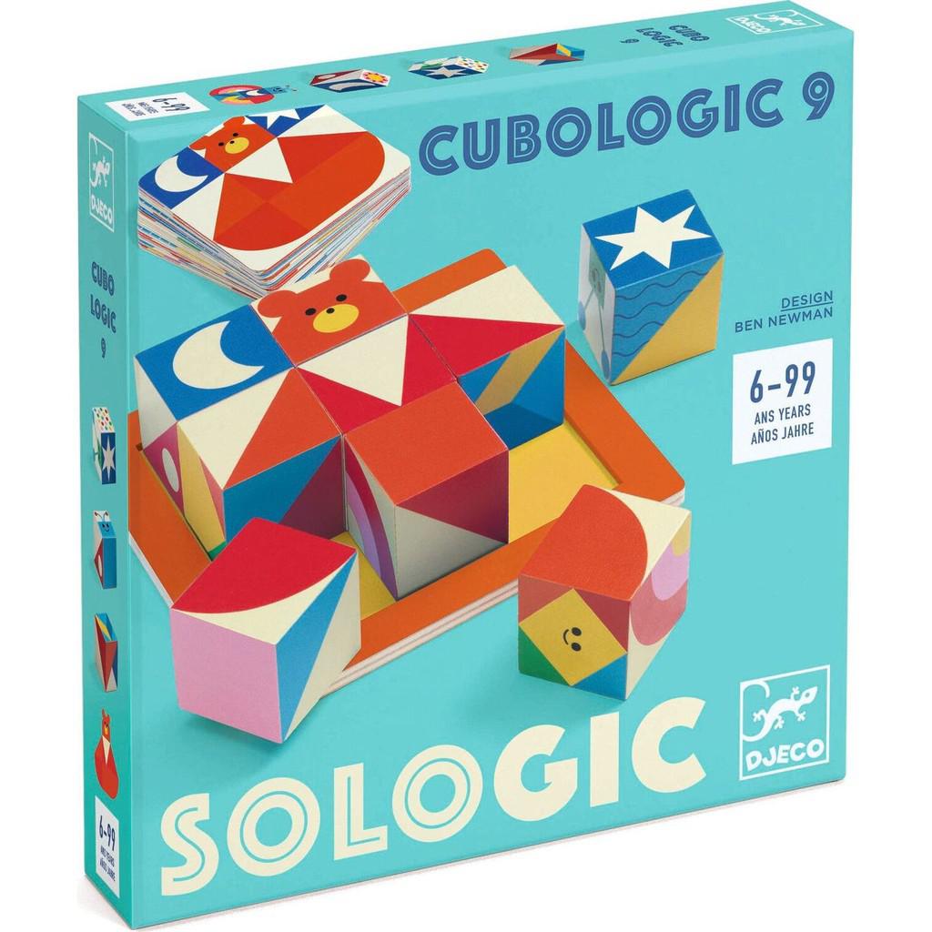 this image shows the cubologic 9 game, there are cubes in a tray to work with a puzzle  to play with and make a pattern on a tray with the cubes.