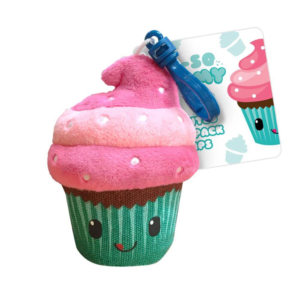 Image of the Cupcake Oh So Yummy clip on plush. The cup cake is chocolate with pink frosting and a green cupcake holder. It smells like cupcakes.