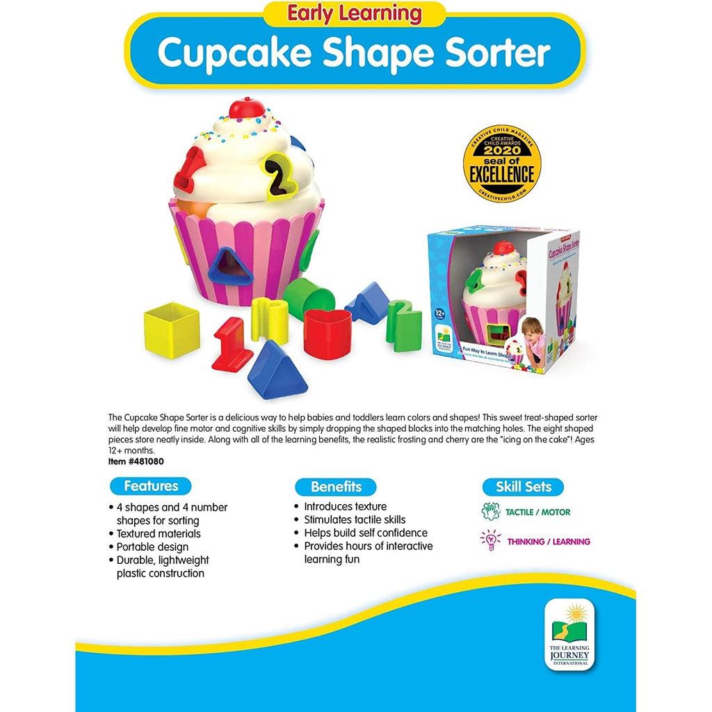 this image shows the features of the cake sorter including 4 shapes and 4 numbers, textured materials, portability, and shows some benifits of playing with this for a child like thinking and motor skills. 