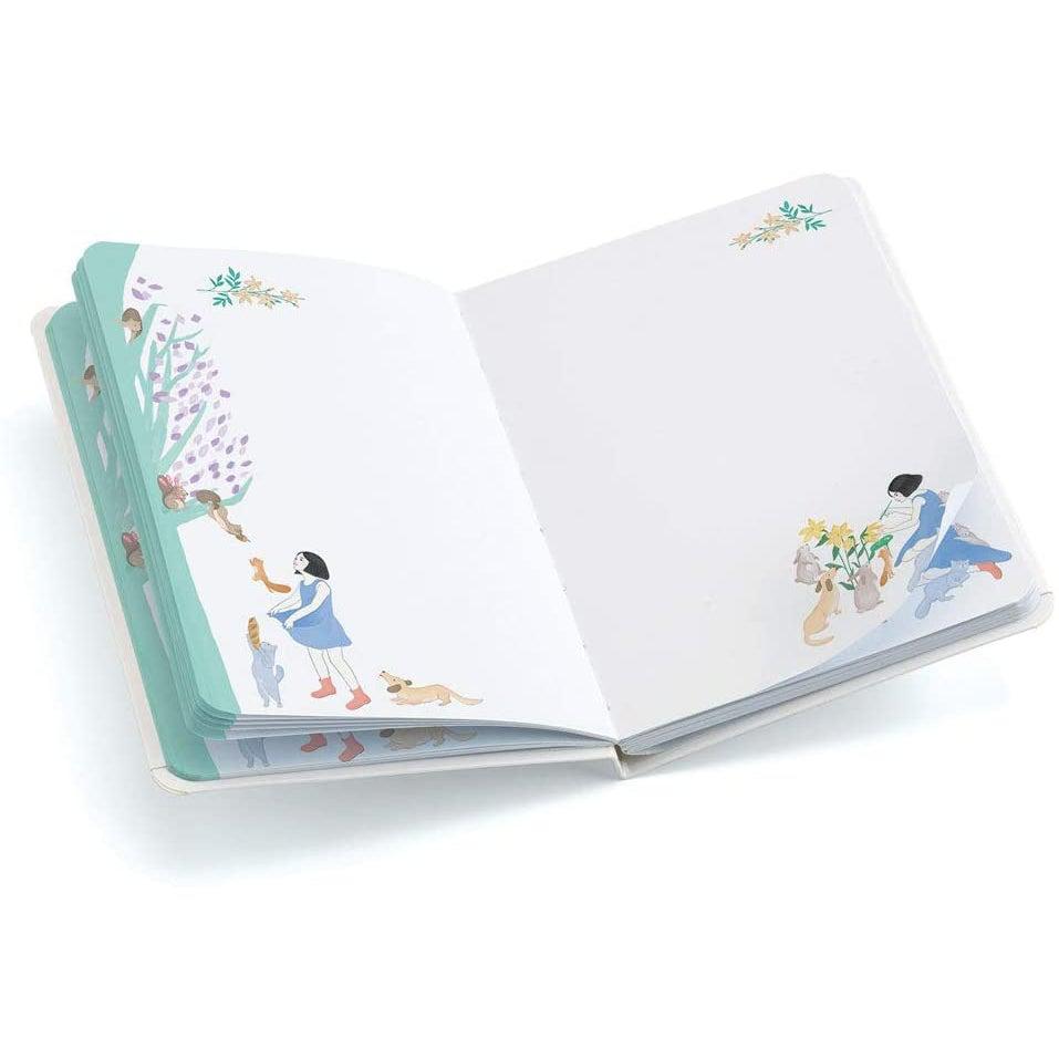 Image of the inside of the notebook. On each internal page is the same little girl doing different things in the woods.