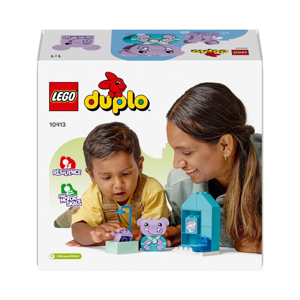 the back of the box shows a toddler playing with duplo. build motor skills and learn with duplo