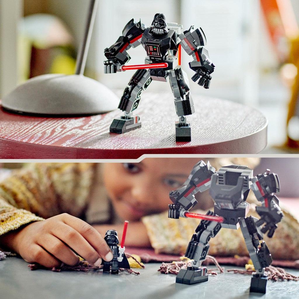 image shows the constructed Darth Vader Mech on a table with a kid playing with the miniature Darth Vader figure
