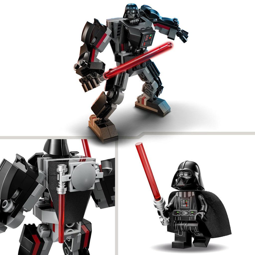 Image shows the Darth Vader mech with two lighsabers in its back and the mini Darth Vader LEGO character