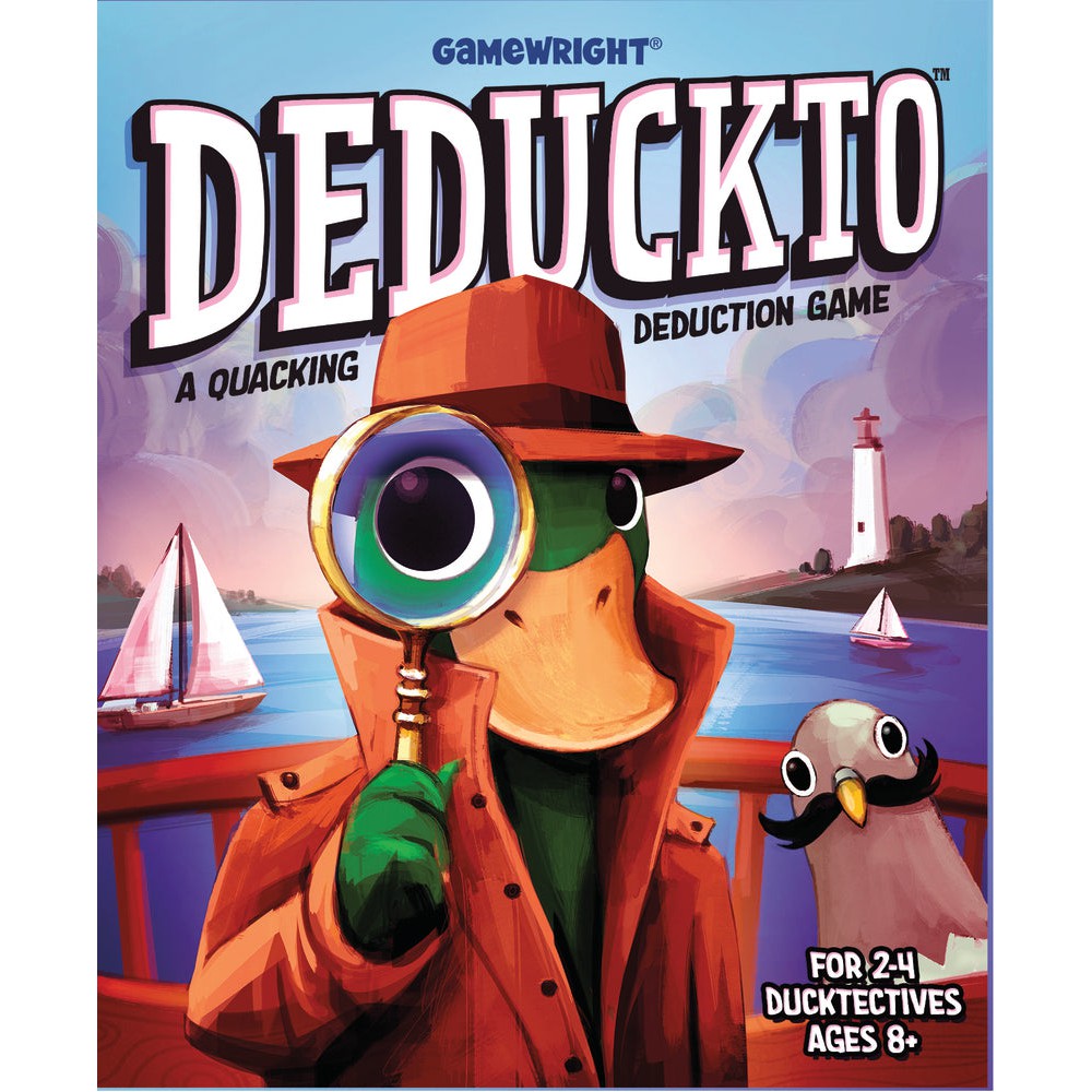 Front of the box features a duck in a trenchcoat and a hat looking through a magnifying glass, he's next to a pigeon with a fake mustache 