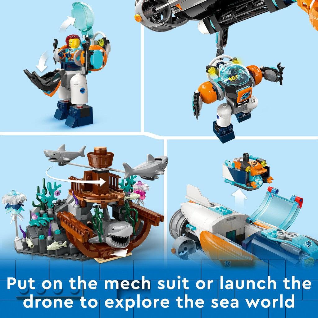 Put on the mech suit or launch the drone to explore the sea world