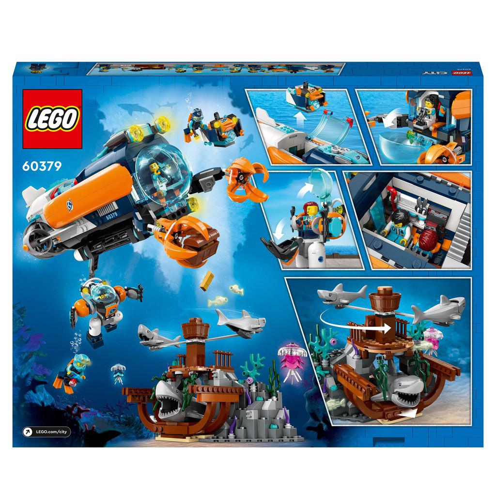 image shows the back of the box for the LEGO sea explorer. there is a sunken ship with a shark in it and the explorer mech suit is searching the area