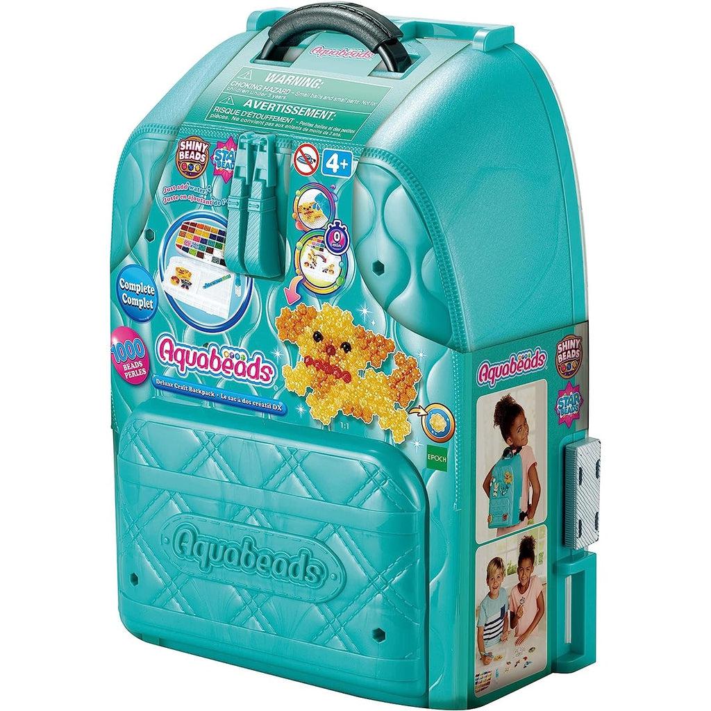 Image of the Deluxe Craft Backpack. It is a teal hard plastic backpack that can hold all the materials needed to create animal aquabead crafts.