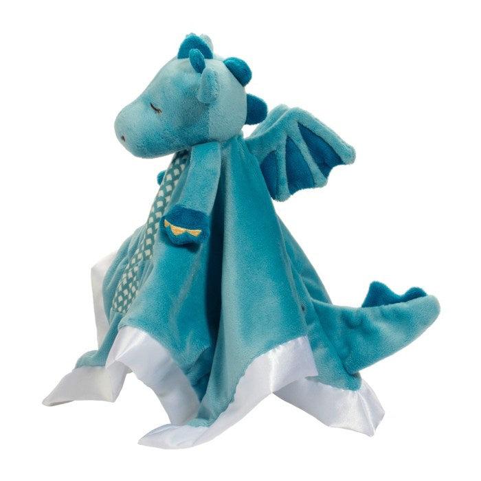another side image of the teal blue dragon with white blanket trim