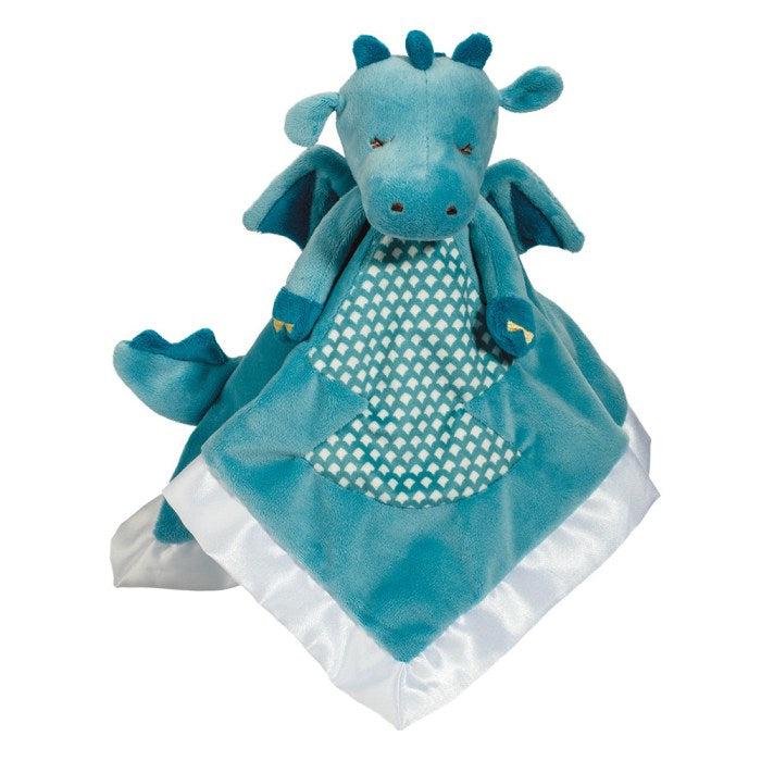 image shows a teal blue dragon with a blanket for the body. the blanket has a white trim