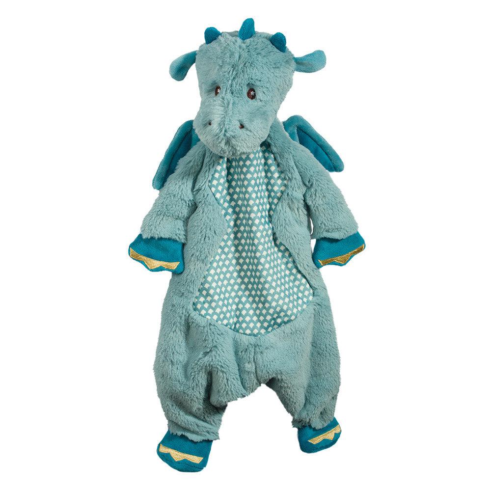 image shows the dragon sschumpie, a larger, soft plush dragon that is missing stuffing to also act as a blanket. 