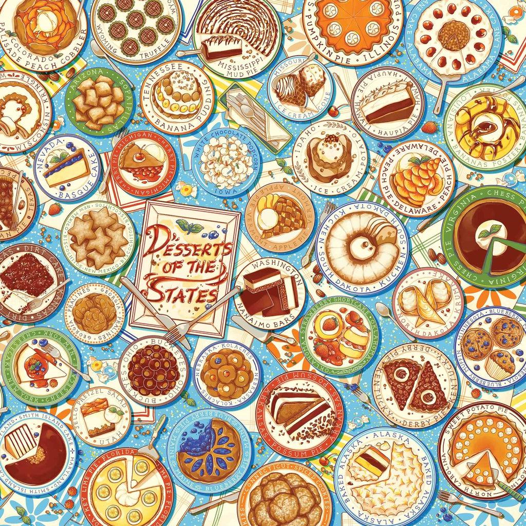 Image of the finished puzzle. It is a picture of all 50 state desserts of the US. On each of the plates is the name of the dessert and the name of the state.