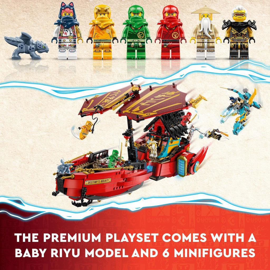 the premium playset comes with a baby Riyu model and 6 minifigures