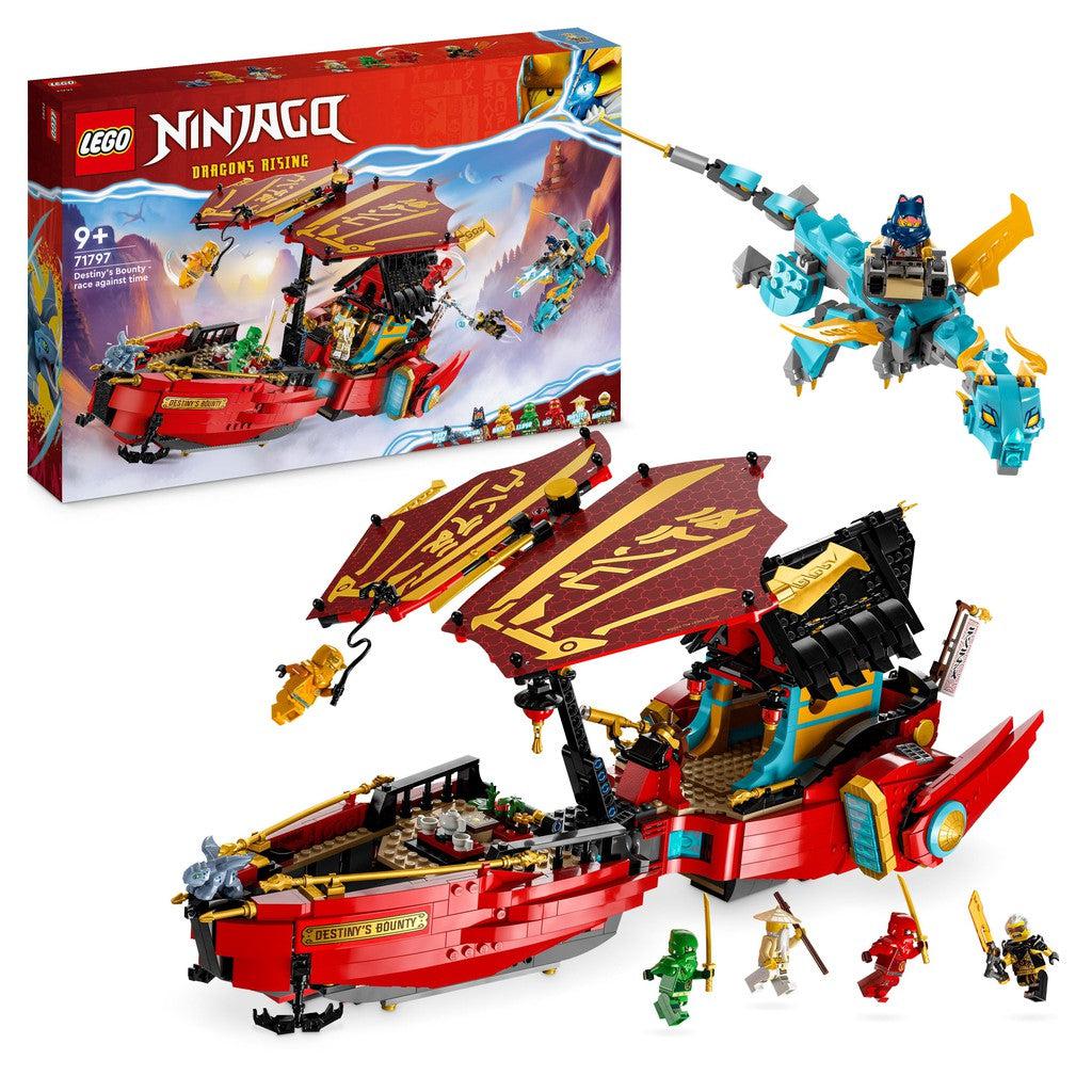 image shows the LEGO Ninjago Bounty Race. There is a massive ship and a dragon in the box
