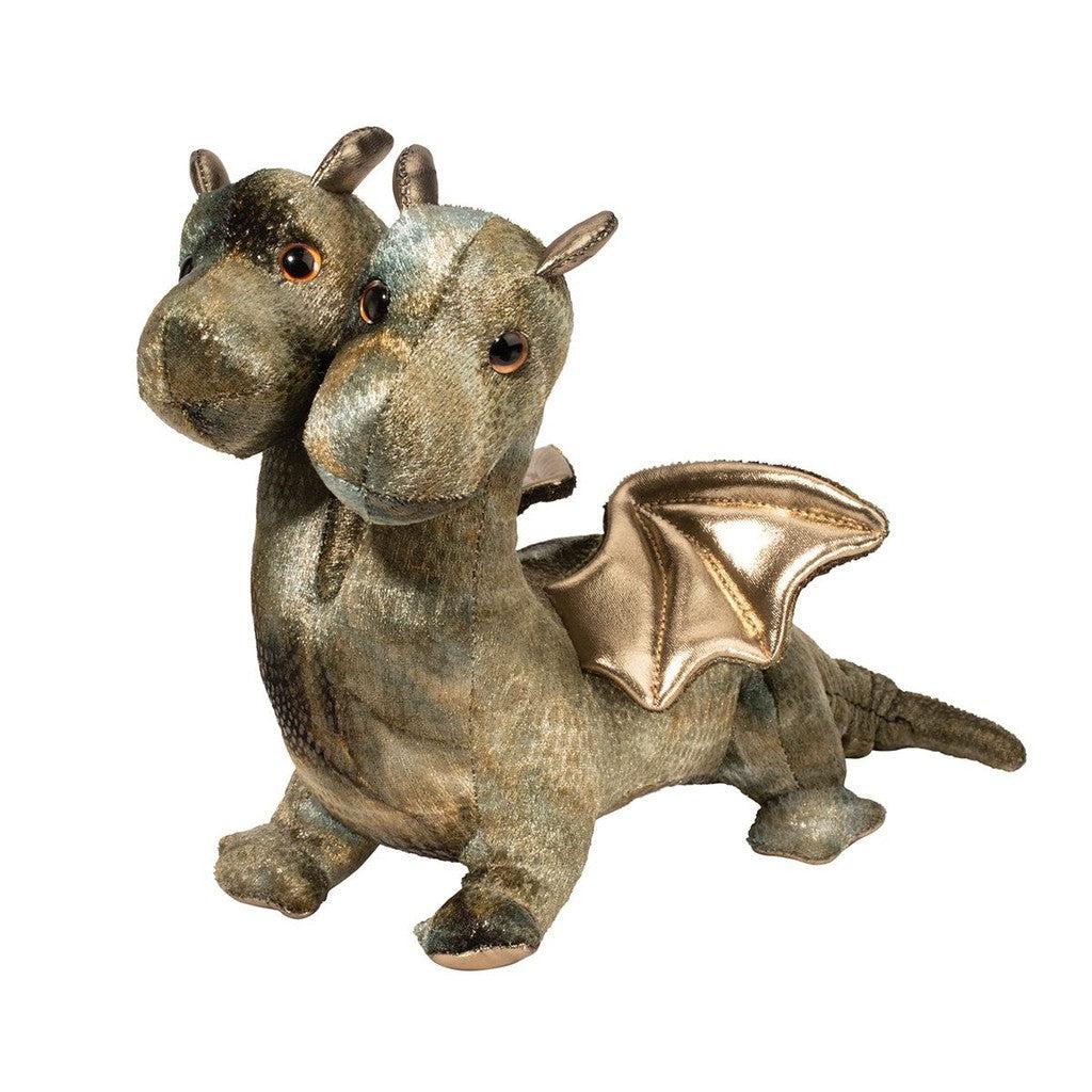 Roar! this image is duece! a brown, two headed dragon plush animal. the fur in this to give a more scaly texture, but still a soft dragon
