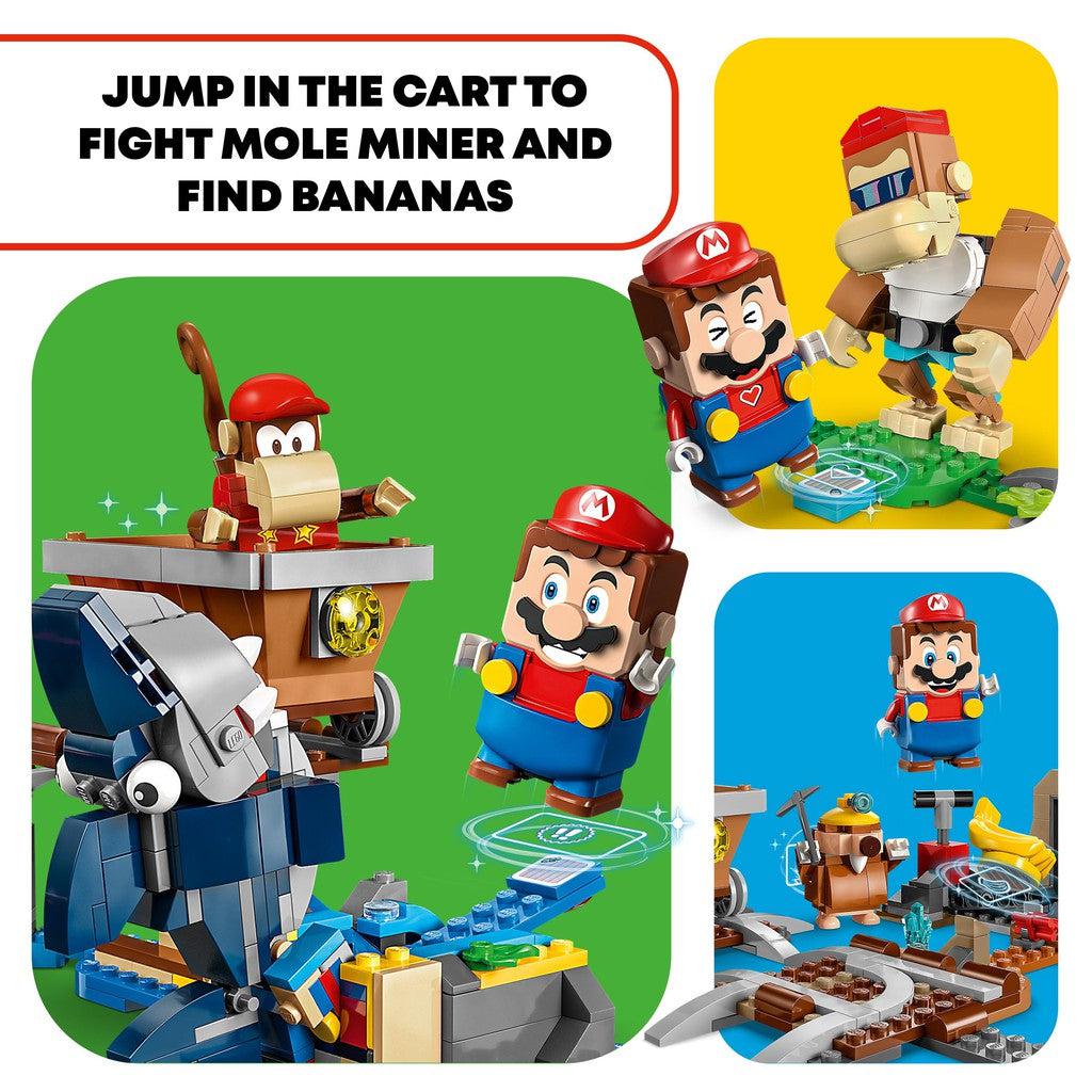 jump in the cart to fight mole miner and find bananas