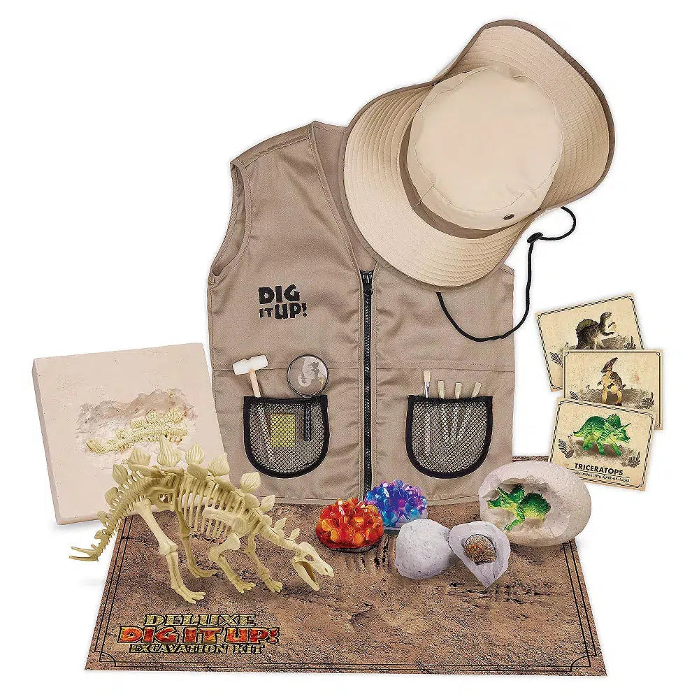 this image shows the stegosaurus, some gems, follisls, a hat and outfit for a child aged 4-9 with tools for digging up fossils.  